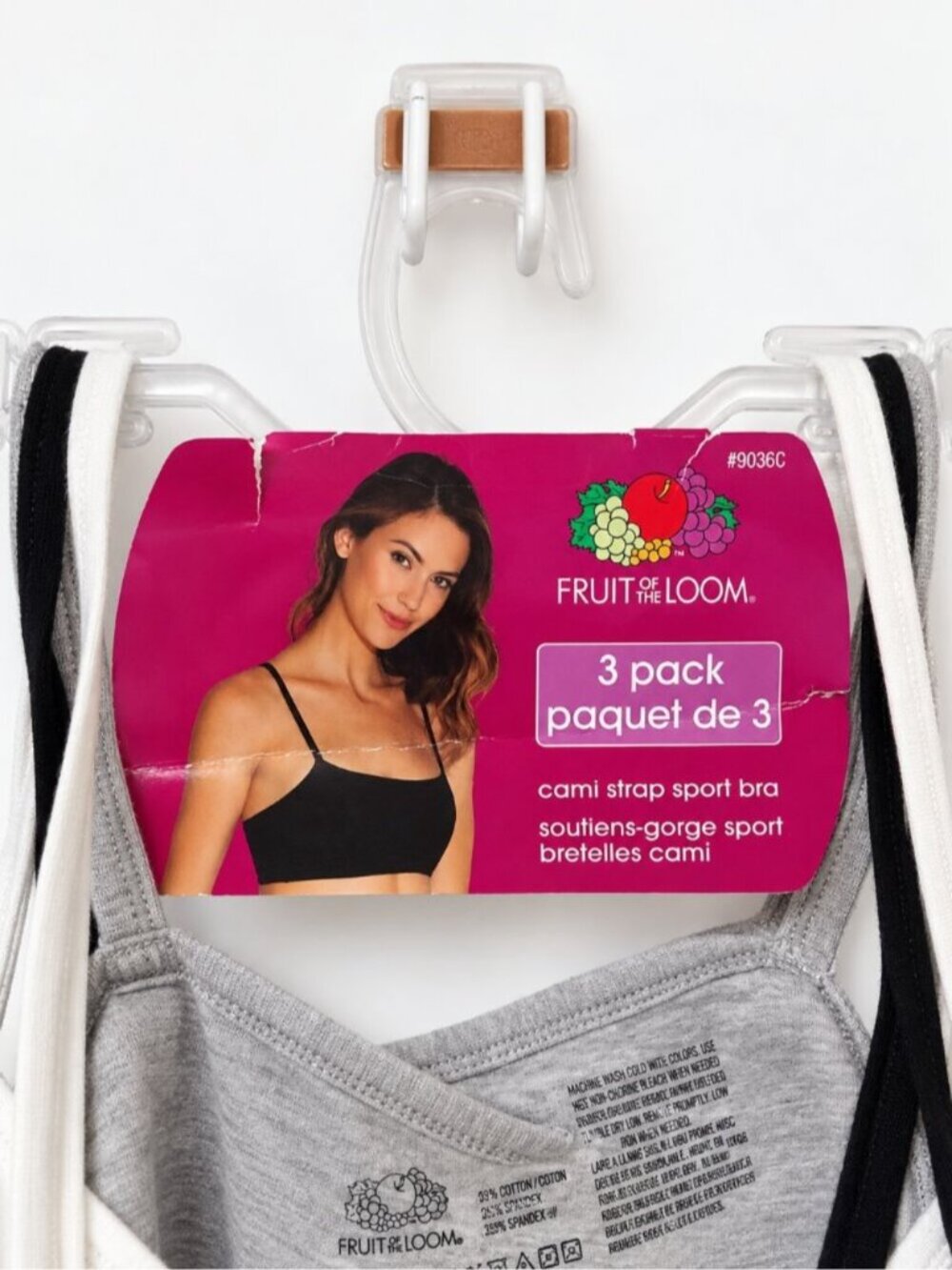 Fruit of the Loom Womens 42 Cami Strap Sports Bra 3 Pack Black White Gray Cotton - Picture 4 of 6
